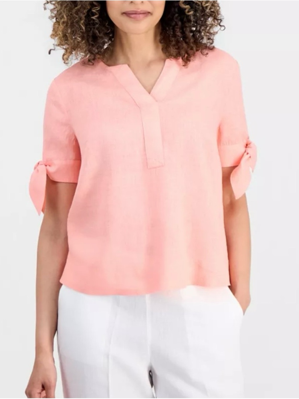 Charter club pink 100% Linen Split-Neck Tie Sleeve Top medium lagenlook